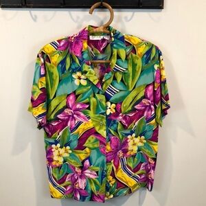 Vintage 80s Spiga Bright Colors Tropical Floral Hawaiian Silk Top Size 6